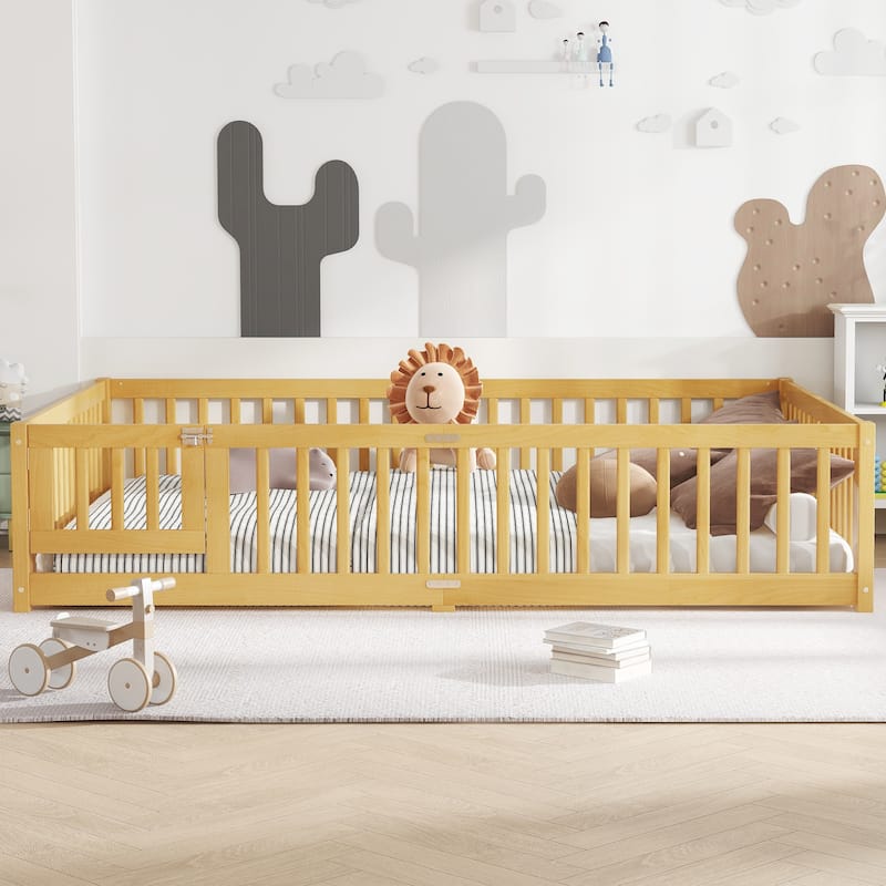 Montessori Toddler Floor Bed with Fence and Switchable Door, Low Profile Bed Frame with Removable Slats, Safe Transition Bed