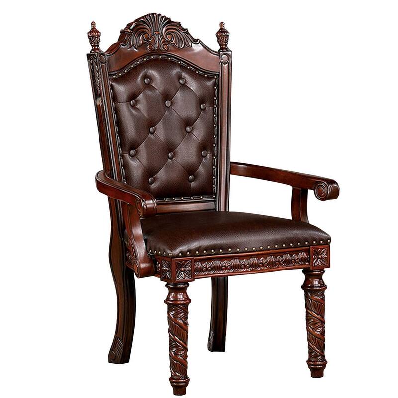 29 Inch Tufted Dining Armchair, Set of 2, Brown Faux Leather, Nailhead