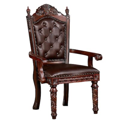 29 Inch Tufted Dining Armchair, Set of 2, Brown Faux Leather, Nailhead