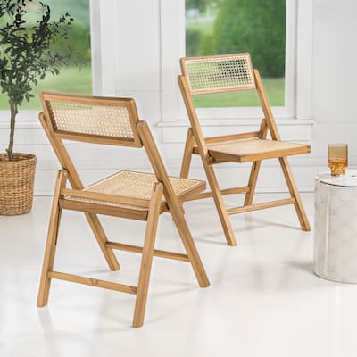 Olivier Mid-Century Vintage Wood Rattan Folding Chair with Adjustable Back, (Set of 2) by JONATHAN Y