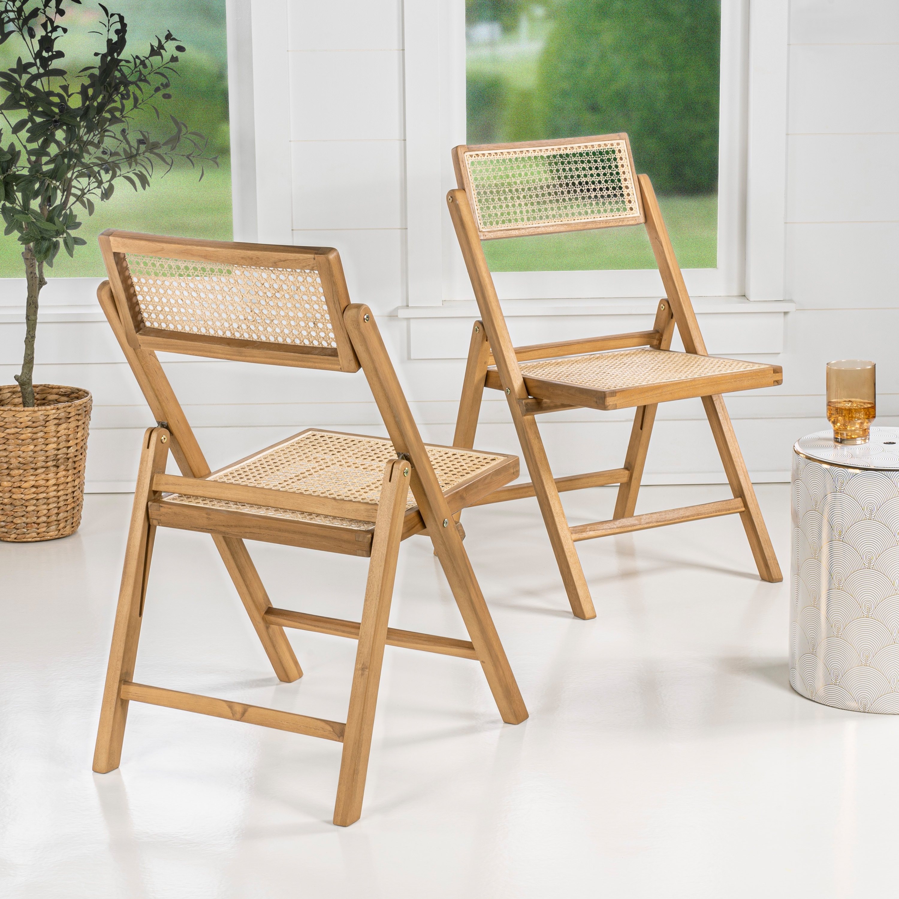 Theo Mid-Century Teak Wood and Rattan Armless Folding Chairs, Set of 2 Woven Cane Seats for Dining and Living Room