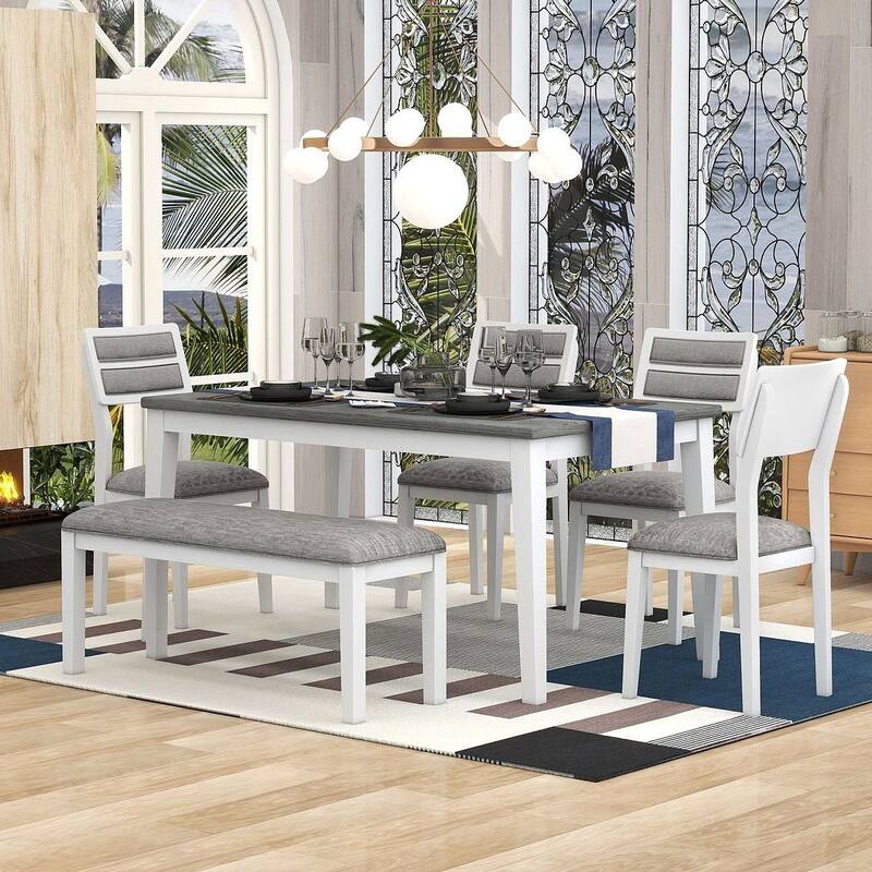 6 PCS Classic Dining Set for 6 with Bench and Upholstered Chairs