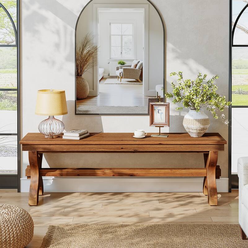 Solid Wood Entryway Bench, 55-Inch Narrow Farmhouse Indoor Bench