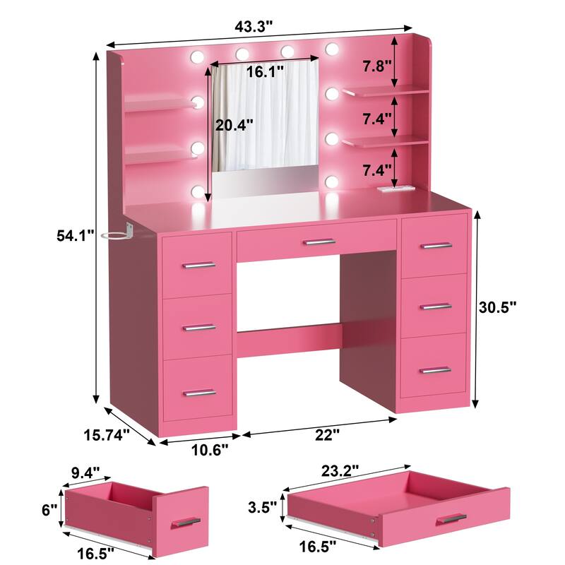 Furniwell Makeup Vanity with Mirror and Drawers Vanity Desk Set with 3 Modes Adjustable Brightness Lights and USB Power Outlet