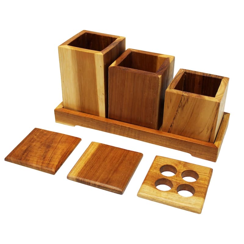 7 Piece Teak Wood Bathroom Amenities Set with Tray