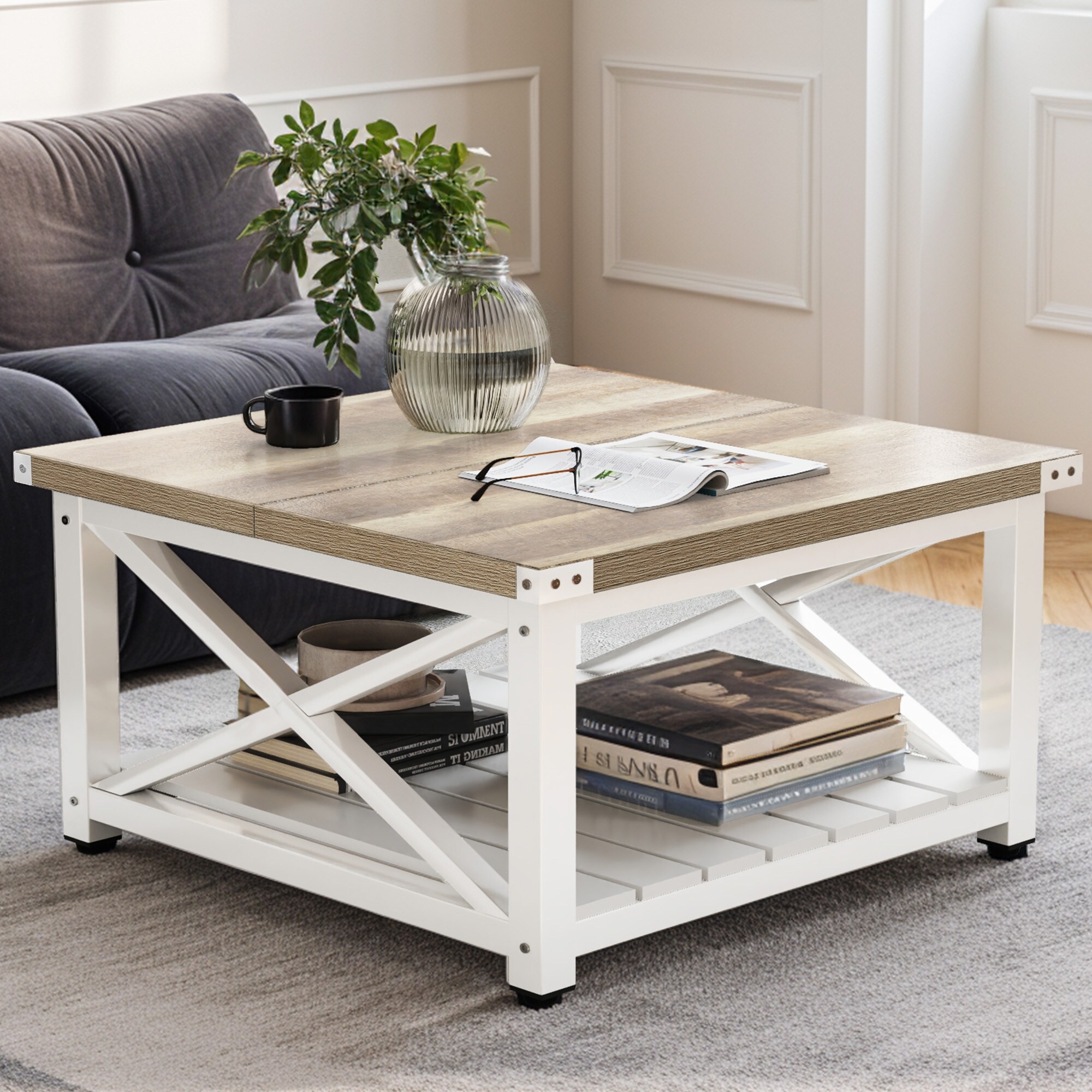 Moasis Farmhouse Square Lift Top Coffee Table with Storage Shelf for Living Room