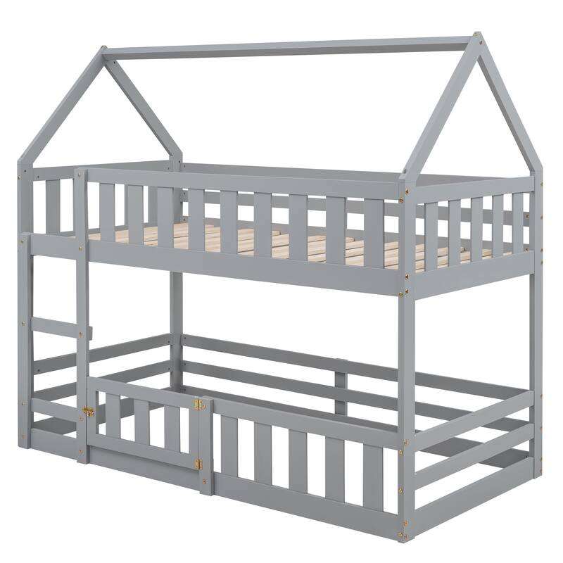 Twin Pine House Bunk Bed with Fence, Guardrail, and Door