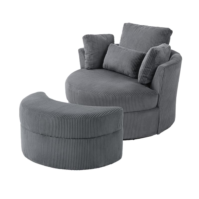 Upholstered Swivel Accent Chair with Wooden Tray Storage Ottoman