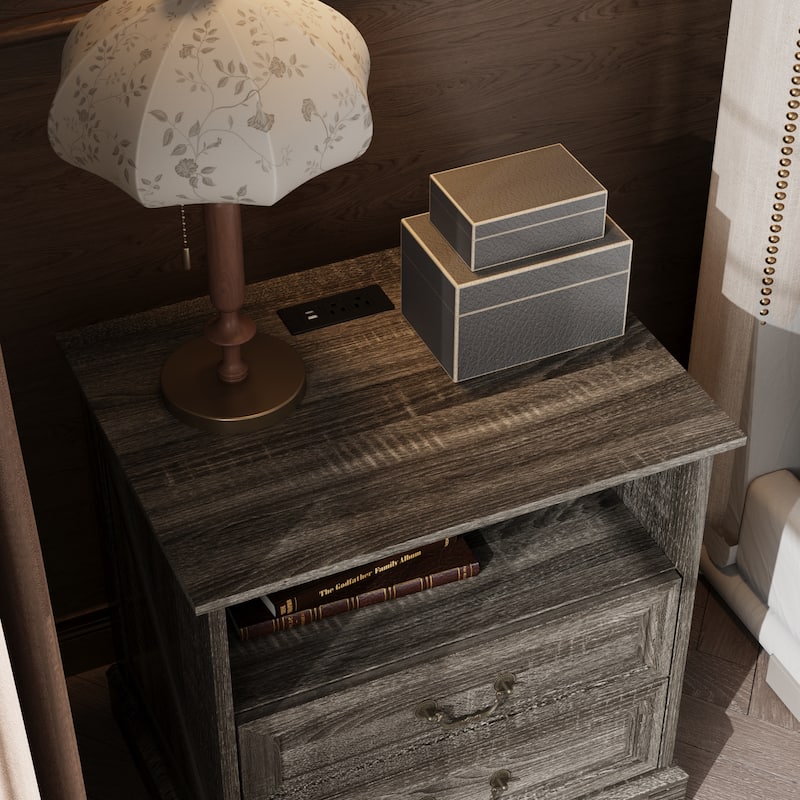 Farmhouse Nightstand with 2 Drawers, Open Shelf & Power Port, Rustic Bedside Table, Antique Brass Handles, White/Grey