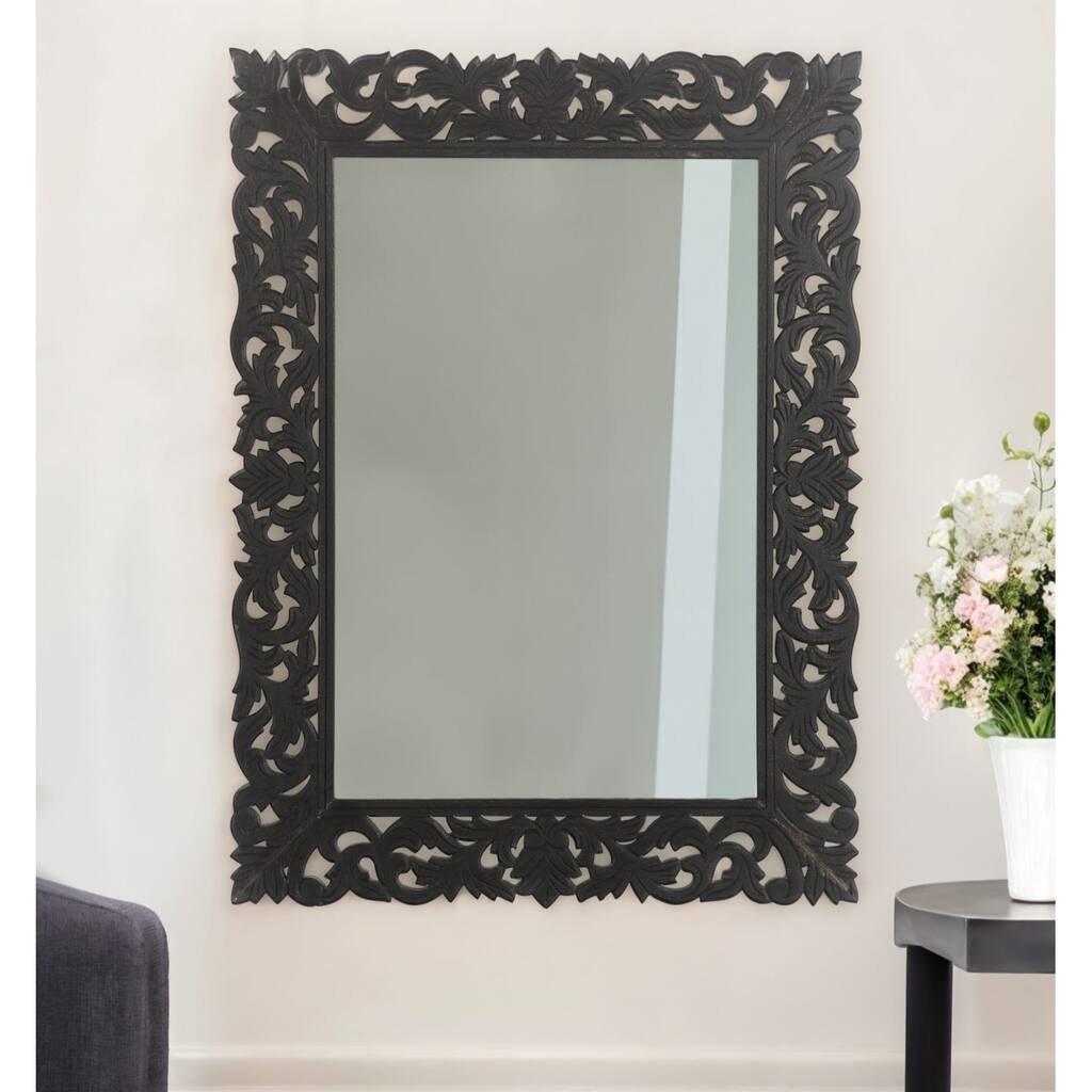 HomeRoots 47" Black Floral Carved Solid Wood Framed Accent Mirror - 35' X '47' X '1