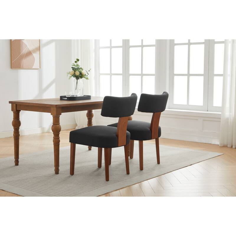Set of 2 Linen Fabric Modern Armless Dining Chairs With Curved backrest and Solid Wooden Legs for Dining Room Living Room ,Black