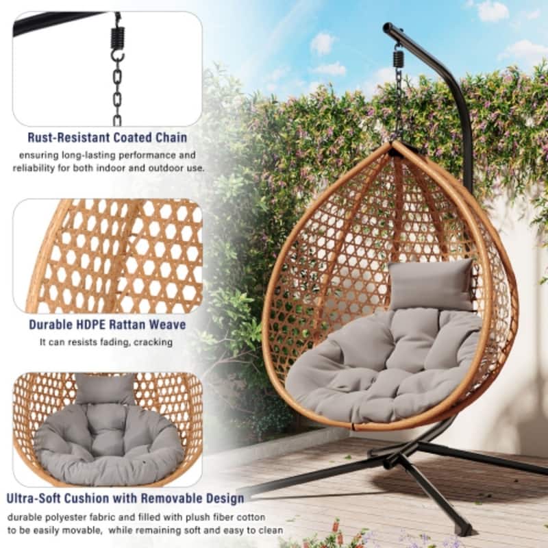 Hammock Chair with Stand - Durable Rattan Egg Chair, Indoor/Outdoor Swing with Removable Cushion for Balcony, Garden