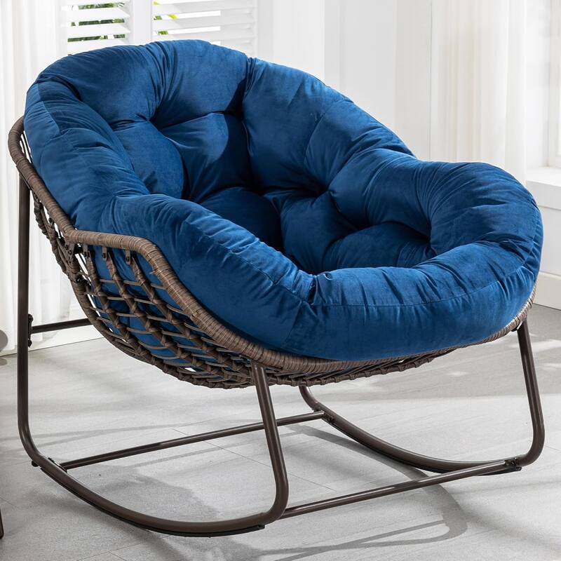 Outdoor Rattan Rocking Chair,Padded Cushion Rocker Recliner Chair Outdoor for Front Porch, Living Room, Patio, Garden - Navy Blue