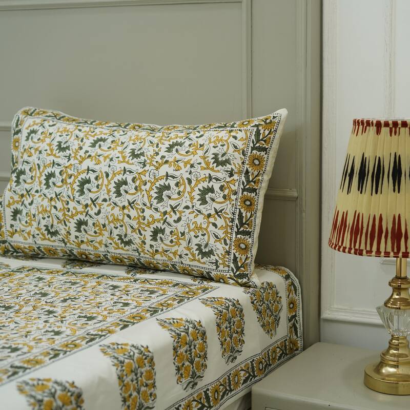 Fabdivine Handmade Block Print Flat Sheet or Bed Sheet Cotton Fabric Floral Home Decor - Madhav- Yellow, Dark Green - California King