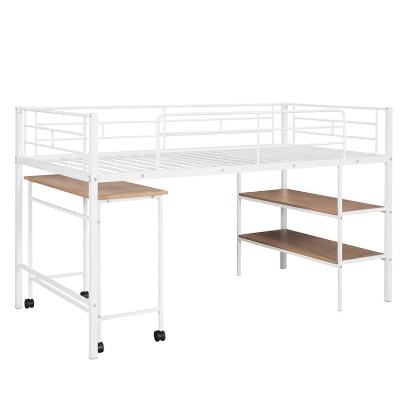 Modern Twin Loft Bed with Desk and Ladder Shelves, Sturdy Metal Frame