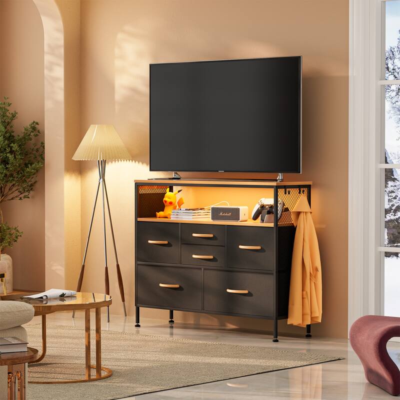 Dresser for Bedroom TV Stand with Power Outlets and LED Light, 6 Dresser with Shelves for 45" TV, PU Finish
