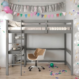 Full Loft Bed Pine Kids Bed with Desk Shelves and Ladder, Grey