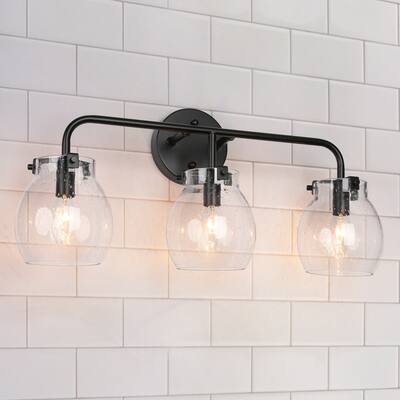 Lynea Modern Farmhouse 3-Light Black Seeded Glass Bathroom Vanity Light - L 21.6" x W 7.1" x H 10"
