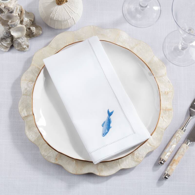 Embroidered Fish Cotton Napkins (Set of 6) - Hemstitch Border with Coastal-Inspired Motif, 20"x20"
