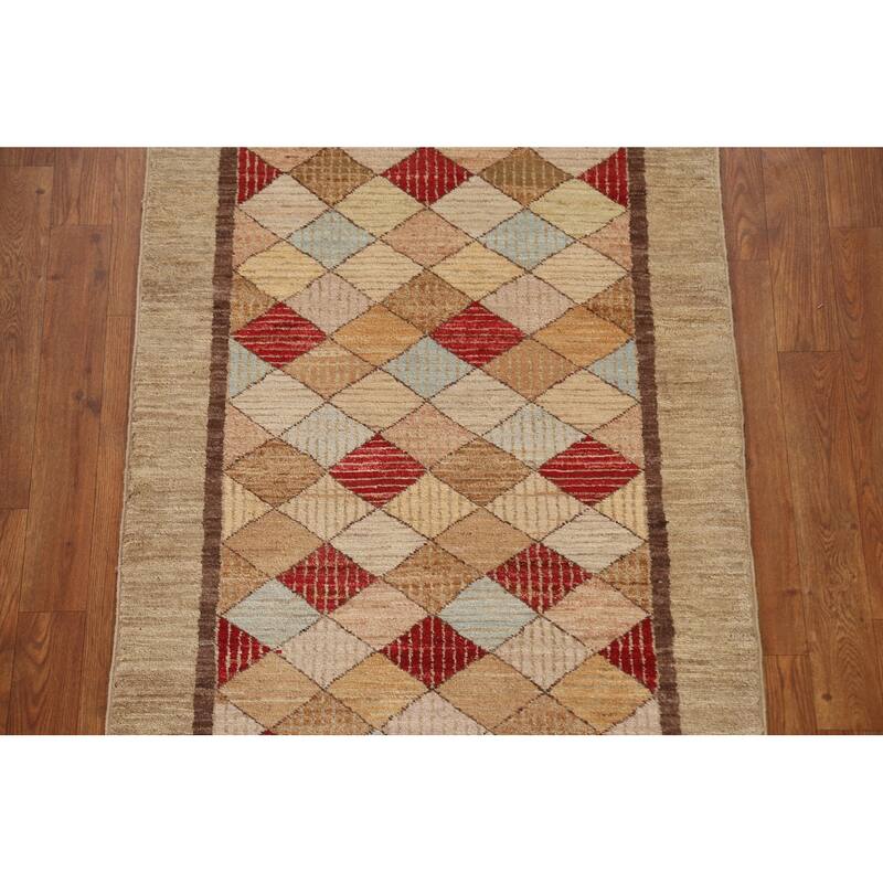 Hand Knotted Oriental 100% Wool Carpet Tribal Geometric Brown Gabbeh (kashkoli) Runner Rug - 10' 9'' X 2' 8''