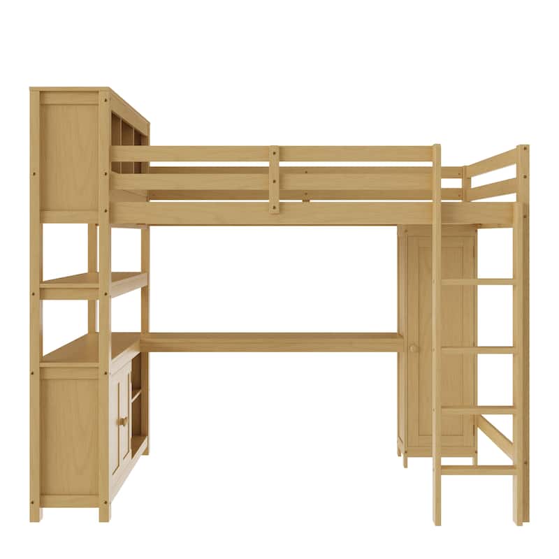 All-in-One Queen Size Loft Bed with L Shape Desk, Bookcase Headboard, Storage Cabinet and Built-in Wardrobe with Hanging Pole