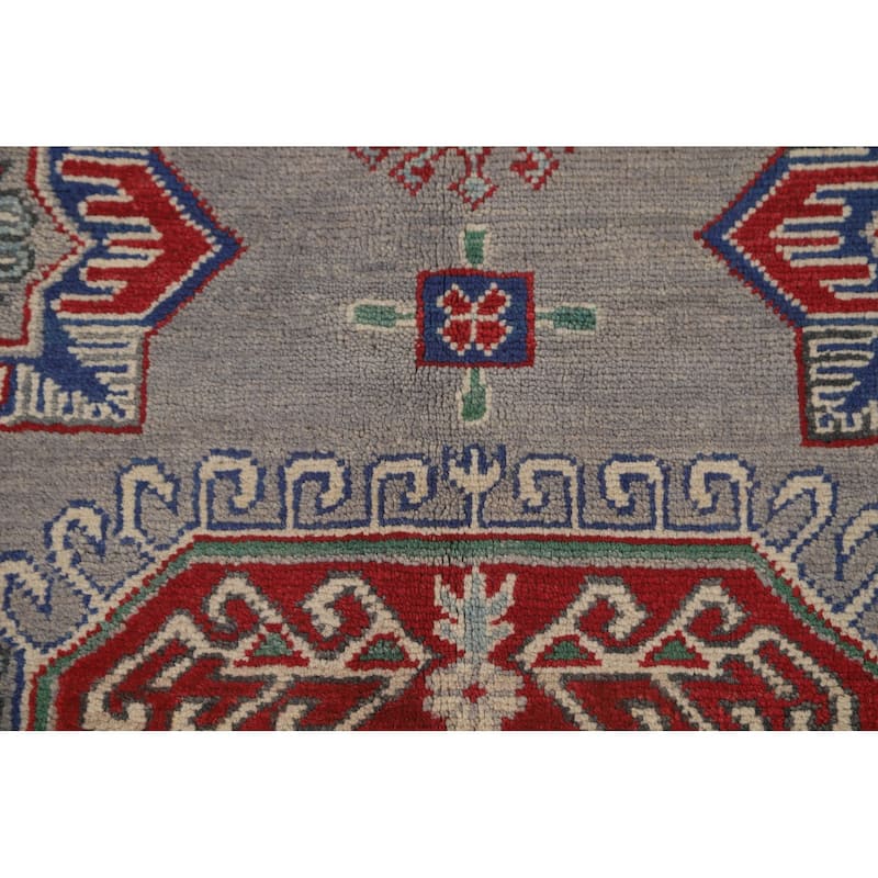 Geometric Kazak Area Rug Handmade Oriental Grey Wool Carpet - 5'6" x 7'9"