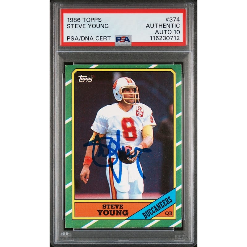 Steve Young 1986 Topps Signed Football Rookie Card #374 Auto Graded PSA 10 Cert # 1162307012 - 8' x 11'