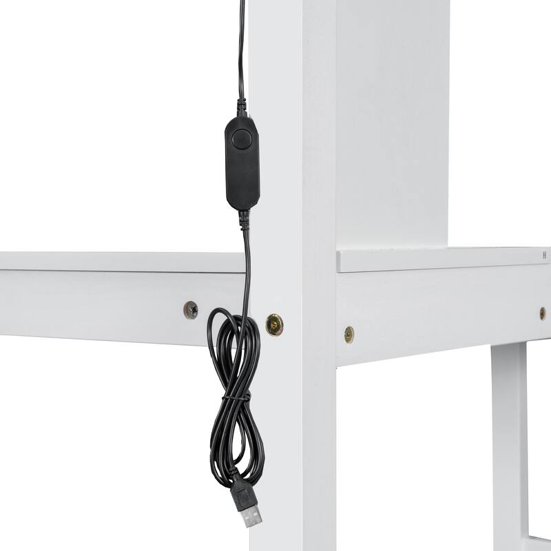 GDFStudio - Solid Wood Loft Bed with Desk, Storage Cabinets, LED and Staircase