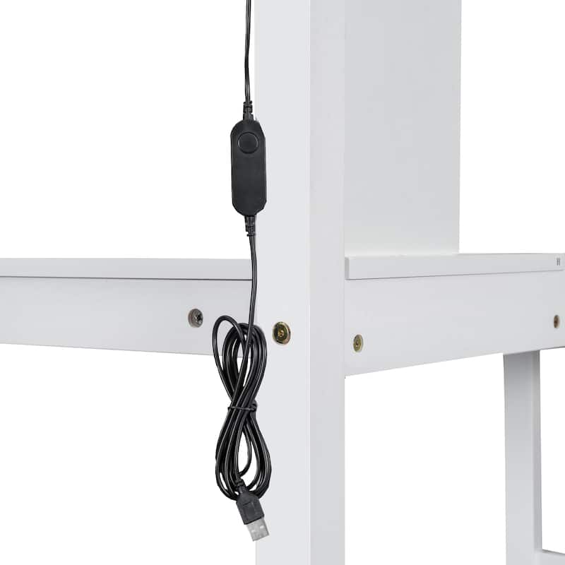 Wood Twin Size Loft Bed with Built-in Desk, LED, Storage Shelves, Cabinets and Staircase
