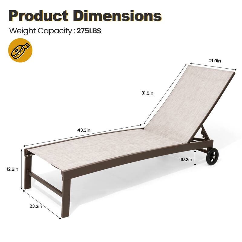 Outdoor Patio Aluminum 5-Position Adjustable Chaise lounge Chairs with Wheels