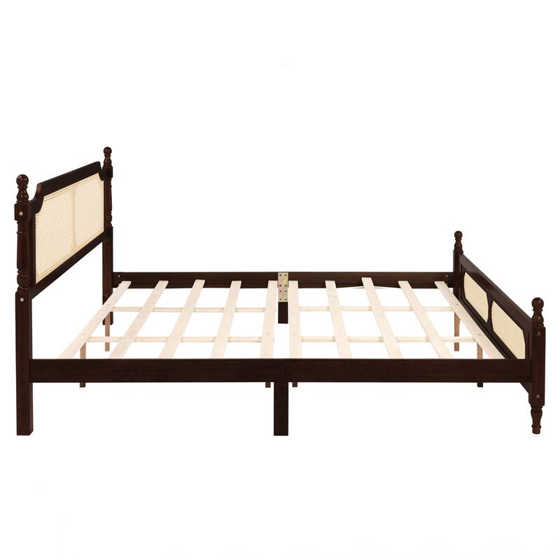King Pine wooden Bed with Rattan Headboard and Footboard, with Central Enhanced Bed Platform