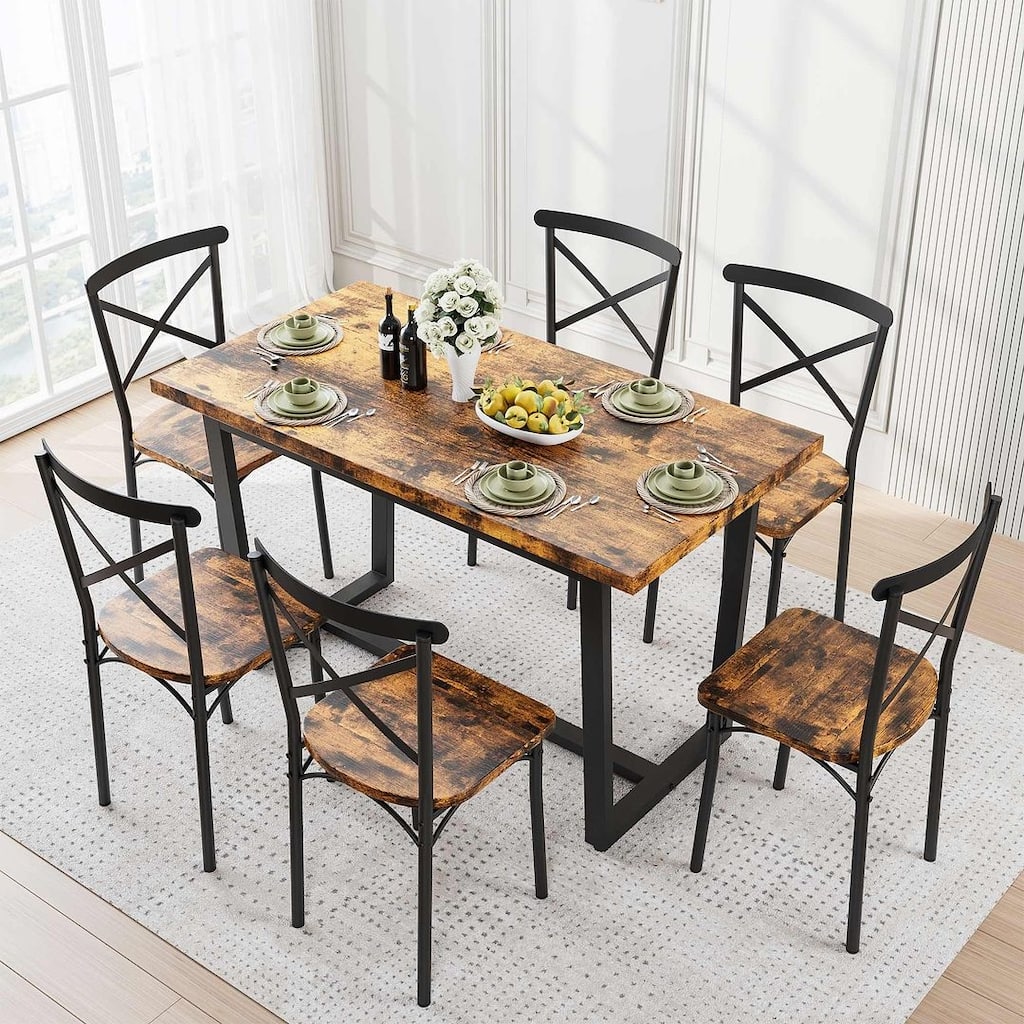 52” Dining Table Set for 6 People,7-Piece Kitchen Table Chairs Set of 6 People with 6 Chairs, Kitchen Table Set w/MDF Wood Board