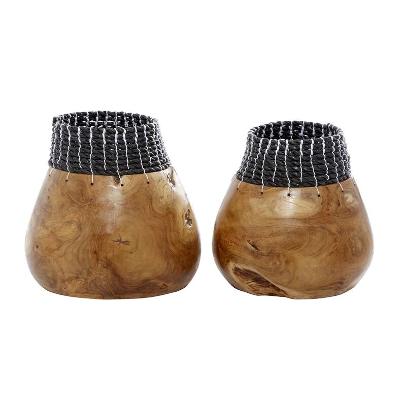 Wood Handmade Decorative Vase with Black or White Seagrass Accents - Set of 2 Brown - Roche River Decor