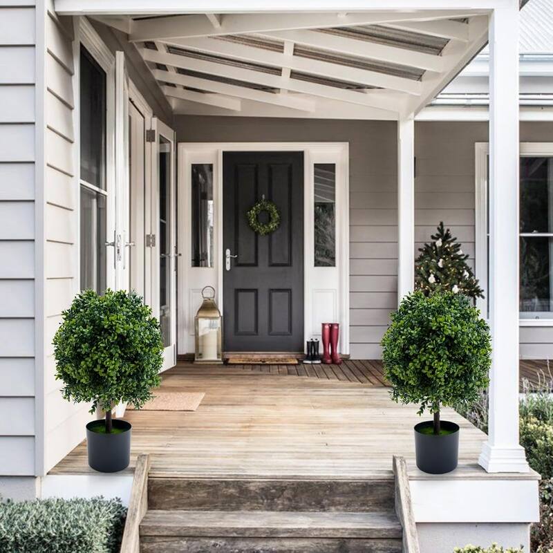 2Pcs 20in Artificial Topiary Boxwood Trees Outdoor Indoor Porch Garden - Without Fruit