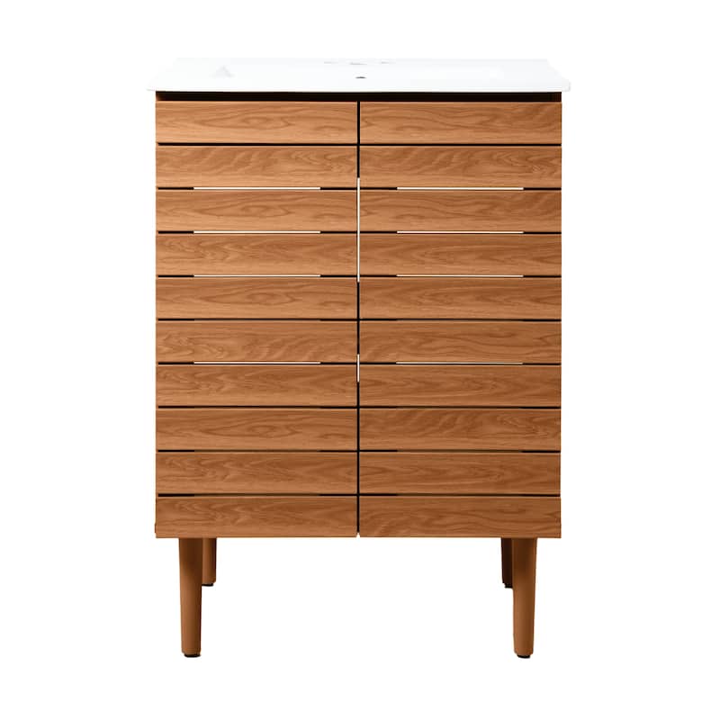 Calandre Thick Linear Slat Modern Farmhouse 2-Shelf Bath Vanity Cabinet Only (Sink Basin not Included), by JONATHAN Y - 24 in. - Walnut