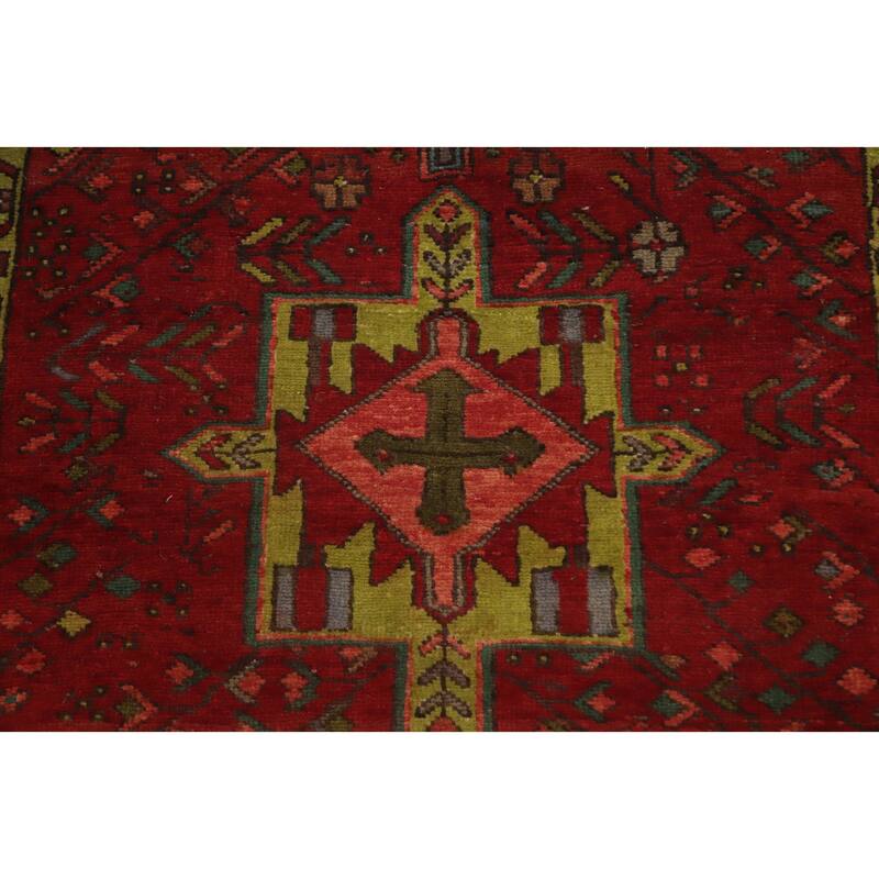 Hand Knotted Oriental 100% Wool Carpet Traditional Geometric Red Heriz Runner Rug - 11' 2'' X 3' 8''