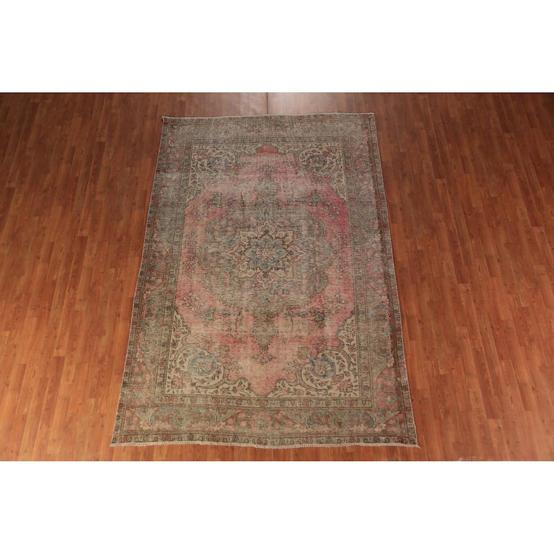 Pink Tabriz Persian Vintage Area Rug Handmade Wool Carpet - 6'3" x 9'5"
