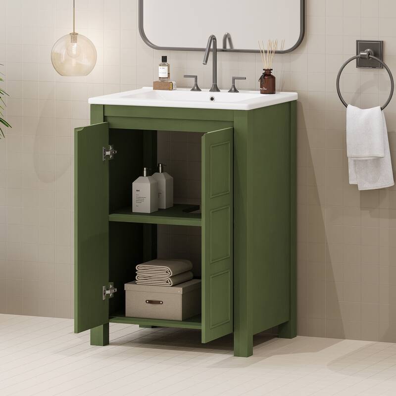 24" Vintage Bathroom Vanity with Ceramic Sink - Small Space Cabinet with 2 Soft-Close Doors & Adjustable Shelf