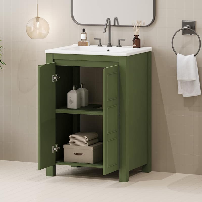 24" Vintage Style Small Bathroom Vanity with Ceramic Sink, 2 Soft-close Doors, Adjustable Shelf