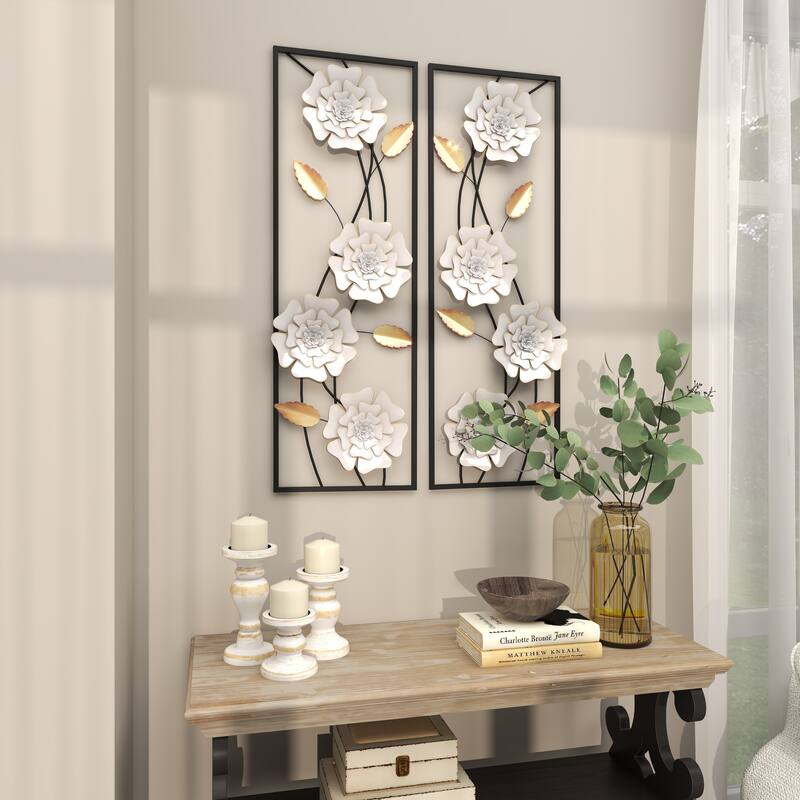Metal Floral Dimensional Floating Home Wall Decor with Black and Gold Accents - Set of 2 White - Roche River Decor