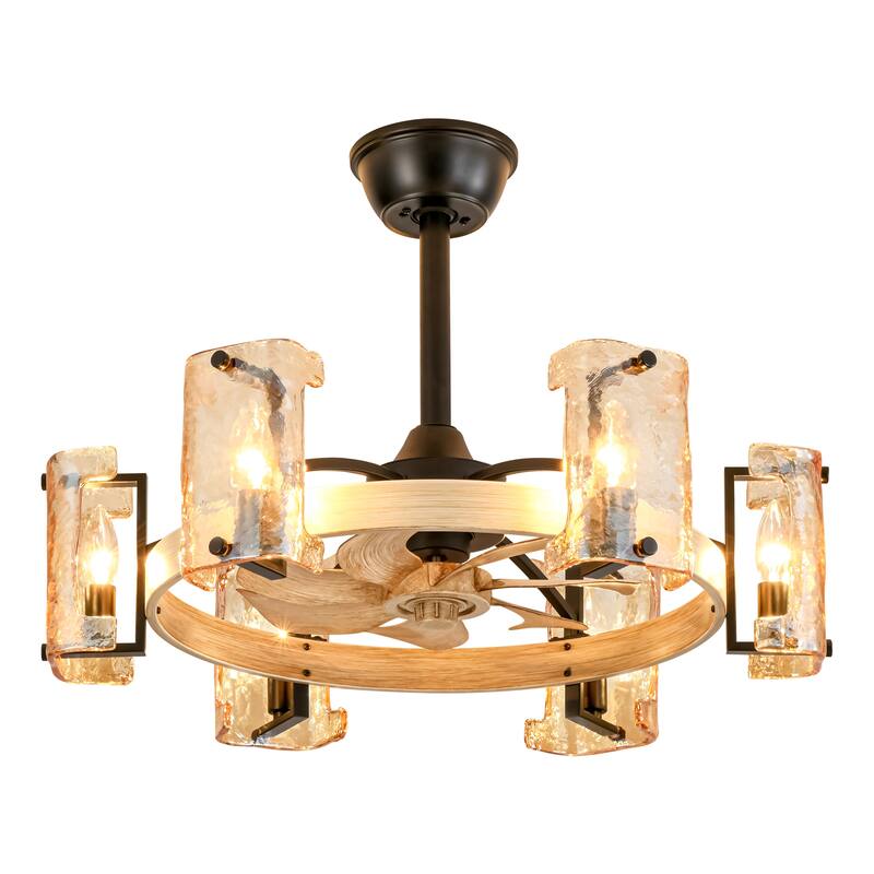 26.4 in. 6-Light Farmhouse Wood Finish Drum Ceiling Fan with Amber Glass Shades and Remote Control - 26.38 in. W x 7.87 in. H