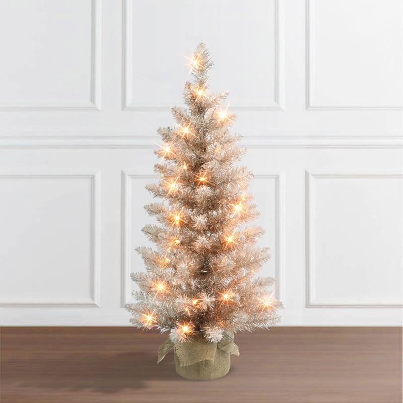 3' Potted Rose Gold Pine Slim Artificial Christmas Tree, Clear Lights - 3 Foot