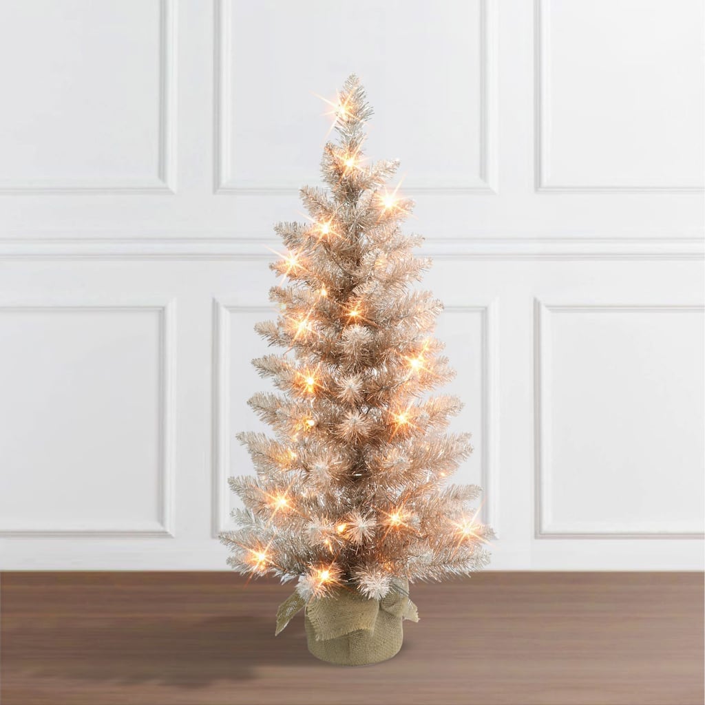 3' Potted Rose Gold Pine Slim Artificial Christmas Tree, Clear Lights - 3 Foot