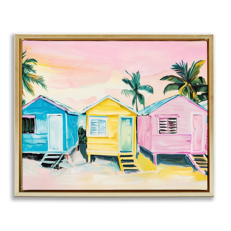 Stupell Pastel Tropical Beach Cabins Framed Floater Canvas Wall Art Design By Arlington Prints - 31 x 25 - Gold