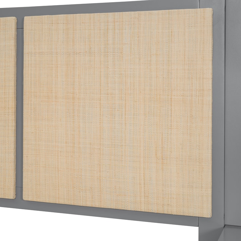 Queen Bed Frame with 2 Nightstands, Rattan & Wood Combination, Built-in Lamps