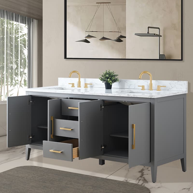 Vanity Art 72" Double Sink Bathroom Vanity Cabinet with Engineered Marble Top