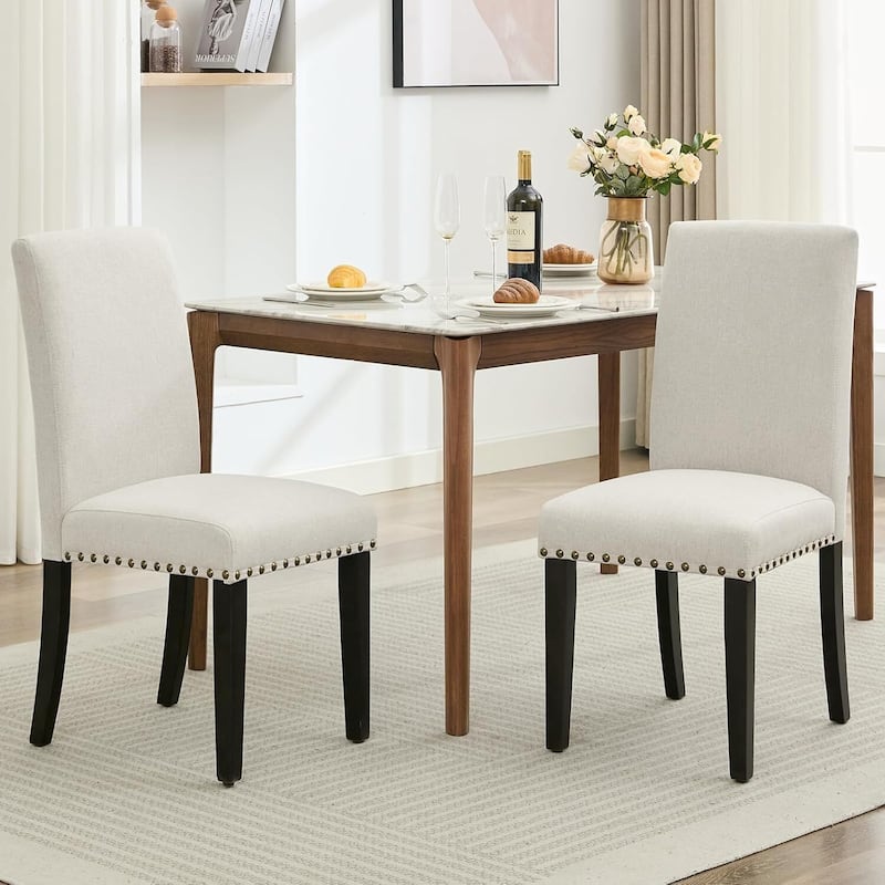 Upholstered Dining Chairs Set of 2, with Nailhead Trim & Padded Seat, Wood Legs, Fabric/Leather Options - White - Metal