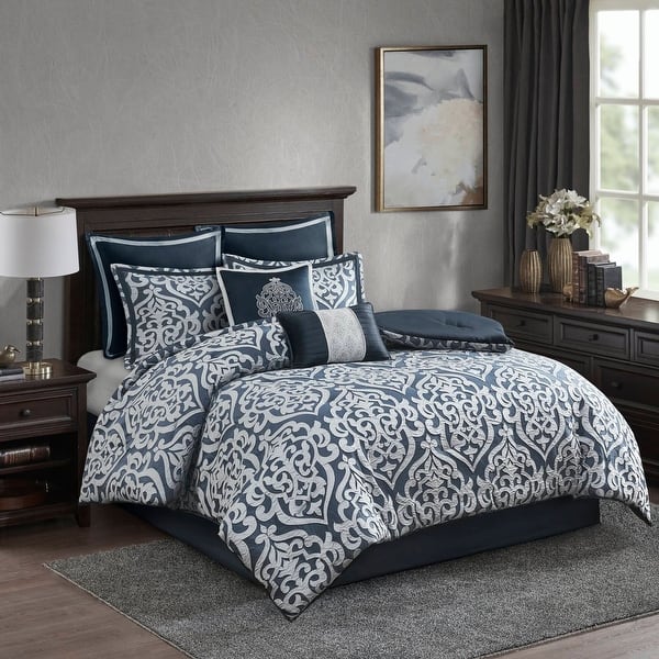Madison Park Dillon 8 Piece Jacquard Comforter Set - Navy/Silver - Queen