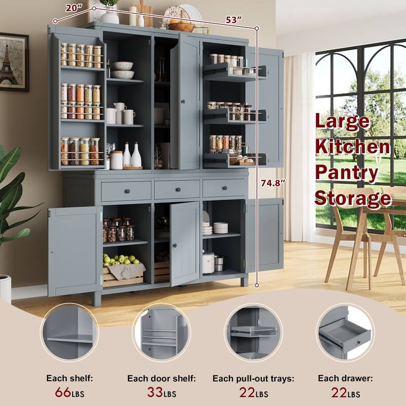 75" Farmhouse Kitchen Pantry Cabinet with Door Shelves, Large Freestanding Cupboard with Pull-Out Trays