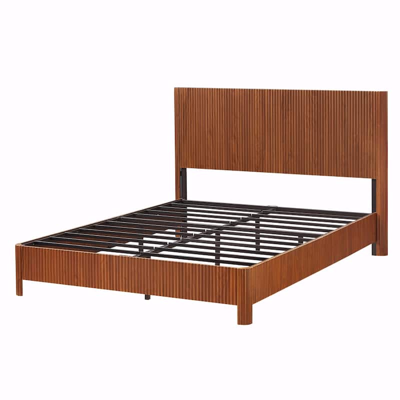 Queen Size Wooden Bed Frame with Corrugated Curved Lines - No Box Spring Needed